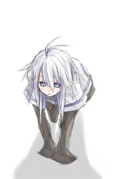 1girl all_fours antenna_hair athray bad_id black_skirt black_thighhighs blue_eyes capelet long_sleeves original r-sylph sidelocks simple_background skirt thighhighs white_background white_capelet white_hair