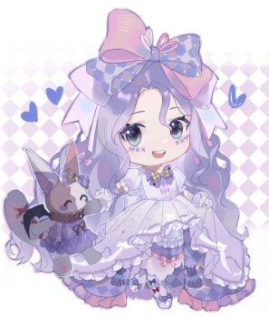 Rule 34 | 1girl, absurdres, argyle background, argyle bow, argyle clothes, argyle dress, blue eyes, border, bow, bow legwear, bowtie, chibi, crimson rhapsody (infinity nikki), dress, esseling (infinity nikki), eyelashes, facepaint, felispirit sack (infinity nikki), footwear bow, frilled dress, frilled wrist cuffs, frills, gloves, gown, hair between eyes, hair bow, hair ribbon, happy, heart, highres, hime lolita, holding hands, infinity nikki, large bow, light blush, lolita fashion, long hair, looking at creature, multiple hair bows, nikki (series), official alternate color, open mouth, outside border, pantyhose, pink bow, pink ribbon, puffy short sleeves, puffy sleeves, purple background, purple bow, purple bowtie, purple dress, purple gloves, purple hair, purple pantyhose, purple shoes, purple wrist cuffs, ribbon, shoes, short sleeves, skirt hold, smile, solo, teeth, two-tone background, two-tone bow, two-tone bowtie, two-tone ribbon, upper teeth only, very long hair, wavy hair, white background, white border, white pantyhose, white ribbon, wrist cuffs, yellow bow, yellow bowtie, yutoutoutoutoutou