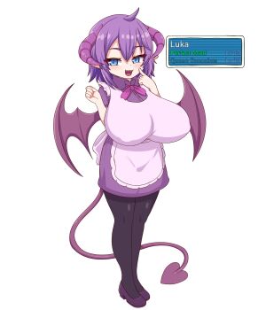 1girl black_pantyhose blue_eyes blush bow breasts commentary demon_horns demon_tail demon_wings english_commentary english_text eyes_visible_through_hair genderswap hair_between_eyes highres horns huge_breasts luka_(mon-musu_quest!) luka_(succubus_disguise)_(mon-musu_quest!) maid mon-musu_quest! nav_(itsnav) nose open_mouth pantyhose purple_bow purple_hair purple_horns purple_shoes purple_wings sharp_teeth shoes short_hair smile tail teeth white_background wings