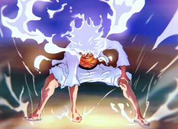 1boy abjsmi commentary full_body gear_fifth hagoromo hand_on_ground hand_on_own_knee highres male_focus monkey_d._luffy one_piece sandals scar scar_on_face shawl shirt short_hair shorts smile solo white_hair white_shirt white_shorts