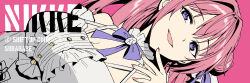 Rule 34 | 1girl, amearare, bare shoulders, breasts, character name, cleavage, company name, copyright name, detached sleeves, dorothy (nikke), dress, english text, frilled dress, frills, goddess of victory: nikke, hair bun, hair intakes, large breasts, long hair, looking at viewer, pink hair, purple background, purple eyes, ribbon, single side bun, smile, solo, twitter username, upper body, white dress