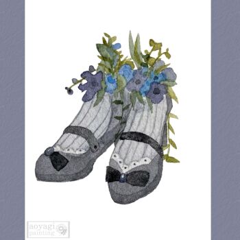 anemone_(flower) aoyagi874 artist_name black_bow border bow commentary_request flower grey_shoes highres lace_trim mary_janes no_humans original painting_(medium) purple_border ribbed_socks shoes simple_background socks still_life traditional_media watercolor_(medium) watermark white_background white_socks