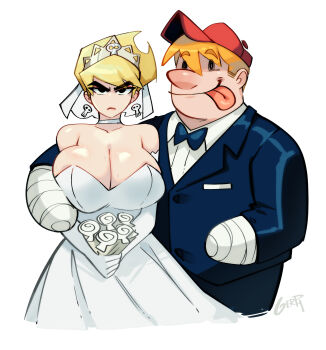 1boy 1girl absurdres aged_up bandages big_nose billy_(grim_adventures) blonde_hair breasts bridal_veil bride buenos_dias_mandy_(meme) cleavage couple dress earrings gerph hat highres jewelry large_breasts mandy_(grim_adventures) orange_hair skeleton sketch the_grim_adventures_of_billy_&amp;_mandy toon_(style) veil wedding wedding_dress