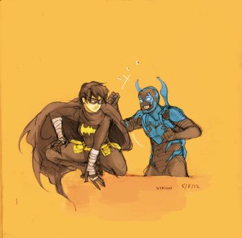 1boy 1girl black_bat blue_beetle cassandra_cain clenched_hands dc_comics friends happy highres jaime_reyes raised_fist simple_background smile superhero_costume upper_body vikun