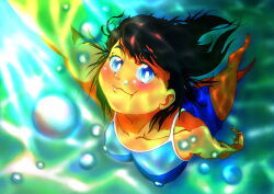 Rule 34 | 1girl, air bubble, barefoot, black hair, blowing bubbles, blue eyes, breasts, bubble, dark-skinned female, dark skin, highres, kofune mio, one-piece swimsuit, school swimsuit, short hair, small breasts, solo, submerged, summertime render, swimming, swimsuit, tagme, tan, underwater, water