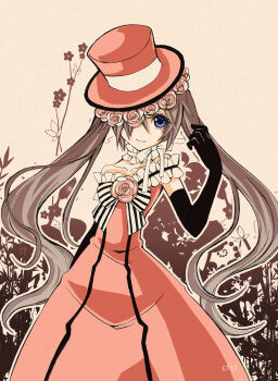 Rule 34 | 1boy, arm behind back, bad id, bad pixiv id, black gloves, blue eyes, bow, bowtie, choker, ciel phantomhive, ciel phantomhive (robin dress), collarbone, crossdressing, crossdressing (mtf), dress, elbow gloves, flower, frilled choker, frills, gloves, grey hair, hair over one eye, hand in own hair, hat, head wreath, kuroshitsuji, limited palette, male focus, pink dress, pink flower, pink hat, sepia background, smile, solo, striped bow, trap, twintails, watermark, white choker, yansiyansi