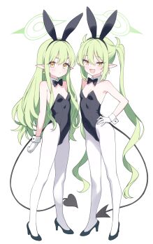 2girls :d absurdres alternate_costume animal_ear_hairband animal_ears bare_arms bare_shoulders black_bow black_bowtie black_hairband black_leotard black_shoes black_tail blue_archive blush bow bowtie breasts cleavage closed_mouth covered_navel demon_girl demon_tail detached_collar earrings fake_animal_ears fang full_body gloves gold_earrings green_hair green_halo hair_between_eyes hairband halo hand_on_own_hip high_heels highleg highleg_leotard highres hikari_(blue_archive) jewelry jyt legs leotard loli long_hair long_legs long_sidelocks looking_at_viewer making-of_available multiple_girls nozomi_(blue_archive) open_mouth pantyhose playboy_bunny pointy_ears rabbit_ear_hairband rabbit_ears shoes siblings sidelocks simple_background sisters skin_fang small_breasts smile standing strapless strapless_leotard tail twins twintails v-shaped_eyebrows very_long_hair very_long_sidelocks white_background white_gloves white_pantyhose white_wrist_cuffs wrist_cuffs yellow_eyes