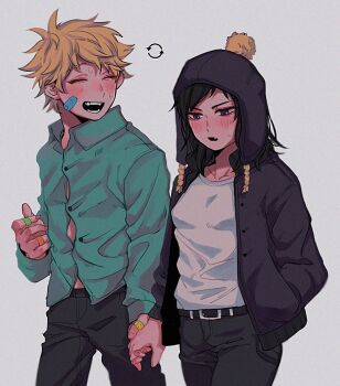 Rule 34 | 1boy, 1girl, bandaid, bandaid on face, bandaid on finger, bandaid on hand, beanie, black hair, black jacket, black pants, blonde hair, blush, commentary request, craig tucker, earflap beanie, fang, genderswap, genderswap (mtf), green shirt, grey background, hand in pocket, hat, hetero, holding hands, jacket, long sleeves, neg 50asu, open mouth, pants, shirt, short hair, simple background, skin fang, south park, tweek tweak