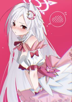 1girl blue_archive blush embarrassed head_wings highres official_alternate_costume pink_background simple_background single_hair_intake single_head_wing single_wing solo speech_bubble suzumi_(blue_archive) suzumi_(magical)_(blue_archive) takamalu08_12 white_hair wing_ornament wings