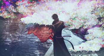 1boy black_coat black_hair bush censored censored_identity chain cloud coat colored_skin demon_horns from_behind head_tilt highres horaceswarcsal horns kim_dokja male_focus mural omniscient_reader&#039;s_viewpoint painterly popped_collar red_skin short_hair standing swirl white_coat yoo_joonghyuk