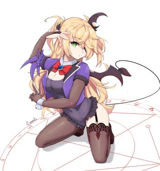 1girl bat_wings black_thighhighs blazer blonde_hair bow chuunibyou chuunibyou_demo_koi_ga_shitai! closed_mouth cosplay demon_girl eyepatch fischl_(genshin_impact) full_body genshin_impact green_eyes grey_background hand_on_own_hip hand_wraps highres jacket long_hair magic_circle md5_mismatch nontraditional_playboy_bunny playboy_bunny purple_bow red_neckwear self-upload simple_background single_wing sitting smile solo soveno summoning tail takanashi_rikka takanashi_rikka_(cosplay) thighhighs trait_connection two_side_up very_long_hair voice_actor_connection wings