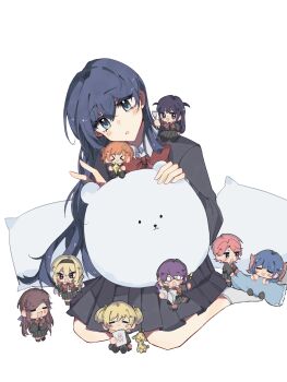 ! &gt;_&lt; 6+girls :d :o =_= aijou_karen animal-shaped_pillow arm_at_side arm_rest arm_support bell black_hairband blonde_hair blue_eyes blue_hair blush blush_stickers book bow bowtie broom brown_eyes brown_hair c: center-flap_bangs character_doll chibi closed_eyes closed_mouth collared_shirt commentary_request crossed_arms crossed_bangs crown_hair_ornament curtained_hair daiba_nana doll facing_viewer flipped_hair full_body giraffe giraffe_(revue_starlight) grabbing_covers green_ribbon grey_jacket grey_skirt grey_socks hair_bell hair_between_eyes hair_ornament hair_ribbon hairband hanayagi_kaoruko hand_rest head_tilt highres holding holding_book holding_broom holding_hair_ornament hoshimi_junna isurugi_futaba jacket jitome kagura_hikari long_hair long_sidelocks long_sleeves looking_at_another looking_at_viewer low_side_ponytail medium_hair mini_person minigirl multiple_girls no_shoes o_o open_mouth pillow pink_hair pleated_skirt pointing pointing_at_another purple_eyes purple_hair red_bow red_bowtie ribbon ribbon_hair rulaoyu saijou_claudine school_uniform script seishou_music_academy_uniform shirt short_hair short_twintails shoujo_kageki_revue_starlight sidelocks sideways_glance simple_background sitting sitting_on_person skirt sleeping smile socks sparkle_hair_ornament standing standing_on_one_leg straight_hair stuffed_animal stuffed_toy surrounded swept_bangs tendou_maya trembling tsuyuzaki_mahiru twintails two_side_up under_covers unworn_hair_ornament v v-shaped_eyebrows very_long_hair wavy_hair wavy_sidelocks white_background white_shirt white_socks