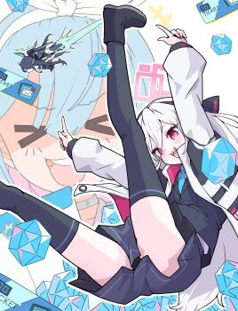 >_< 3girls aris_(armed)_(blue_archive) aris_(blue_archive) arona_(blue_archive) black_hairband black_jacket black_thighhighs blue_archive blue_hair blue_necktie commentary_request grey_skirt hair_between_eyes hairband highres index_finger_raised jacket kei_(blue_archive) kei_(new_body)_(blue_archive) long_hair long_hair_between_eyes looking_at_viewer mosuke1221 multicolored_hair multicolored_jacket multiple_girls necktie pink_hair shirt skirt smile thighhighs thighs two-tone_hair two-tone_jacket white_background white_hair white_hairband white_jacket white_shirt