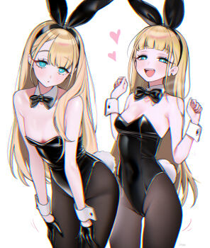 Rule 34 | 1girl, absurdres, animal ear hairband, animal ears, black gloves, black leotard, blonde hair, blue eyes, bow, bowtie, breasts, character request, chromatic aberration, commentary request, covered navel, cowboy shot, detached collar, fake animal ears, fake tail, gloves, hairband, haze (7h4ze), heart, highres, leotard, long hair, looking at viewer, original, pantyhose, playboy bunny, rabbit ear hairband, rabbit ears, rabbit tail, simple background, smile, solo, strapless, strapless leotard, tail, white background, wrist cuffs