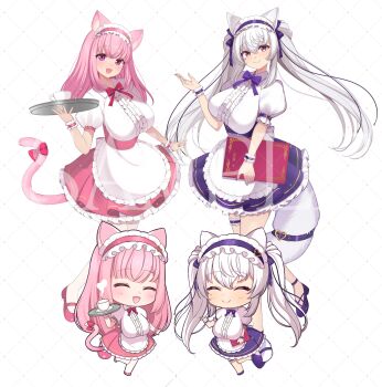absurdres animal_ear_fluff animal_ears apron blush bow bowtie breasts cat_ears cat_girl chibi employee_uniform frilled_thigh_strap grey_hair hair_ornament hair_ribbon highres indie_virtual_youtuber kouya_no_naga_samurai large_breasts long_hair looking_at_viewer maid_headdress menu miyako_miyuri oguraponti open_mouth pink_eyes pink_hair pink_tail ribbon sagging_breasts skirt smile tail tail_bow tail_ornament tenshouin_himeno thigh_strap tray twintails virtual_youtuber waist_apron waiter waitress watermark white_background white_hair wolf_ears wolf_girl wolf_tail