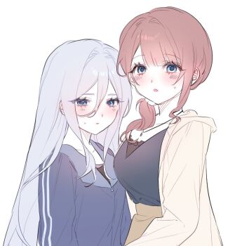 Rule 34 | 2girls, black shirt, blue eyes, blue jacket, blush, breasts, brown hair, brown skirt, commentary, grey hair, hair between eyes, hood, hooded jacket, jacket, jewelry, komeng 64, long hair, long hair between eyes, long sleeves, looking at viewer, medium breasts, mochizuki honami, multiple girls, necklace, open clothes, open jacket, parted lips, project sekai, shirt, side ponytail, skirt, sweatdrop, symbol-only commentary, track jacket, white jacket, yoisaki kanade