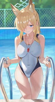 1girl absurdres animal_ear_fluff animal_ears blue_archive blue_eyes blue_halo breasts clenched_teeth commentary dog_ears dog_girl extra_ears hair_over_one_eye halo highleg highleg_one-piece_swimsuit highres kanna_(blue_archive) kanna_(swimsuit)_(blue_archive) large_breasts long_hair nishida_yuuto official_alternate_costume official_alternate_hairstyle one-piece_swimsuit ponytail pool sharp_teeth solo swimsuit teeth whistle whistle_around_neck white_one-piece_swimsuit