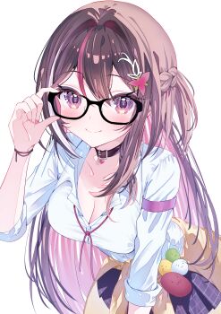 1girl absurdres adjusting_eyewear asymmetrical_sidelocks azki_(hololive) black_collar black_hair blue_skirt braid cardigan cardigan_around_waist clothes_around_waist collar collared_shirt colored_inner_hair commentary_request double-parted_bangs glasses hair_intakes half_up_half_down_braid hand_up heart_pendant highres hololive long_hair looking_at_viewer miniskirt mole mole_under_eye multicolored_hair musunde_hiraite_rasetsu_to_mukuro_(vocaloid) pendant_collar pink_hair plaid_clothes plaid_skirt purple_eyes school_uniform shirt shirt_tucked_in sidelocks simple_background skirt smile solo streaked_hair very_long_hair virtual_youtuber wasemkn white_background white_hair white_shirt