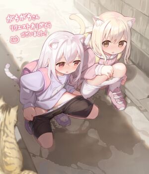 2girls animal animal_ear_fluff animal_ears backpack bag bike_shorts black_shorts blonde_hair blush borrowed_character brown_eyes cat cat_ears cat_girl cat_tail cloneko_(zelmeledf2) clothes_pull commentary_request commission crossed_bangs drawstring extra_ears female_focus full_body hair_between_eyes highres hood hood_down hoodie jojifuku loli long_hair long_sleeves milk_(gachigachi) multiple_girls open_mouth original outdoors panties panty_pull pantyhose pantyhose_pull parfait_(gachigachi) pee pee_stain peeing peeing_together pink_bag pink_hoodie pink_shoes print_panties puddle puffy_long_sleeves puffy_sleeves pulling_own_clothes purple_footwear purple_shirt randoseru red_eyes shirt shoes short_shorts shorts shorts_pull sidelocks skeb_commission sneakers stained_clothes star_(symbol) star_panties star_print tail tiger_ears tiger_girl tiger_tail underwear variant_set white_hair white_panties white_pantyhose yellow_bag