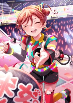 1girl :d ^_^ absurdres animal_ears asymmetrical_sleeves black_shoes black_shorts black_sleeves breasts closed_eyes commentary_request detached_sleeves facing_viewer fake_animal_ears fake_tail finger_gun glowstick gradient_thighhighs grey_sleeves hair_bun hand_fan highres long_sleeves love_live! love_live!_superstar!! medium_breasts mismatched_sleeves nico_ron_nico official_alternate_costume open_mouth paper_fan penlight_(glowstick) pointing pointing_at_viewer red_thighhighs shoes short_hair_with_long_locks short_sleeves shorts single_side_bun single_thighhigh sleeves_past_wrists smile solo stage tail thighhighs two-tone_thighhighs uchiwa uneven_sleeves vitamin_summer! yellow_thighhighs yoneme_mei