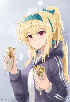 Rule 34 | 1girl, blonde hair, blue jacket, bow, doner kebab, doner sandwich, food, gamryous, girls' frontline, green bow, hair bow, hairband, highres, holding, hood, hoodie, jacket, jewelry, long hair, long sleeves, looking at viewer, open clothes, open jacket, ponytail, red eyes, ring, shirt, simple background, smile, solo, sv-98 (girls' frontline), track jacket, wedding ring, white shirt