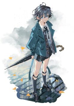 1boy bishounen black_hair black_jacket black_shorts blue_coat blue_eyes coat garter_straps highres holding holding_umbrella jacket kyouichi looking_at_viewer open_mouth original rain shorts solo umbrella white_background