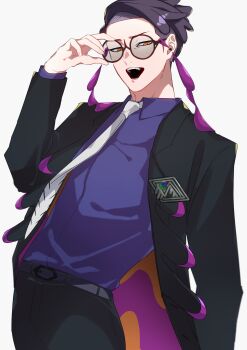 1boy :d absurdres adjusting_eyewear belt black-framed_eyewear black_coat black_hair black_pants coat collared_shirt commentary_request corbeau_(pokemon) hand_up highres iwnm0313 male_focus necktie nintendo open_clothes open_coat open_mouth pants pokemon pokemon_legends:_z-a round_eyewear shirt short_hair simple_background smile solo sunglasses teeth upper_teeth_only yellow_eyes