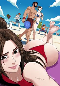 2girls 5boys absurdres aroused_nosebleed ass averting_eyes bad_tag bag barefoot baseball_cap beach beard bikini black_hair blanka blonde_hair blood blue_bikini blue_sky breasts brown_eyes brown_hair capcom chun-li cleavage cloud commentary couple curvy day english_commentary facial_hair hair_bun hat headband high_ponytail highres holding holding_bag holding_racket jealous jp_(street_fighter) jumping large_breasts linea_alba lips looking_ahead looking_at_another looking_at_viewer luke_sullivan lying multiple_boys multiple_girls muscular muscular_male navel nosebleed old old_man on_stomach orange_tank_top outdoors parted_bangs pectorals ponytail racket red_bikini red_hat red_headband running ryu_(street_fighter) shiranui_mai shukeiart skeptical sky smug stomach street_fighter swimsuit tank_top terry_bogard the_king_of_fighters water white_tank_top