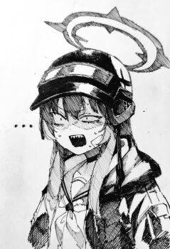 ... 1girl a_(mitei7926) altyn_helmet bandaid bandaid_on_face blue_archive choker combat_helmet commentary_request constricted_pupils half-closed_eye halo helmet jacket long_hair nervous_sweating open_mouth rabu_(blue_archive) raised_eyebrow sailor_collar shaded_face sharp_teeth shirt solo sweat teeth traditional_media upper_body