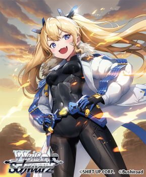 1girl armored_bodysuit bandaid bandaid_on_cheek bandaid_on_face black_bodysuit blonde_hair blue_eyes blush bodysuit breasts cloud coat commentary_request fang fur-trimmed_coat fur_trim gloves goddess_of_victory:_nikke hands_on_own_hips laplace_(nikke) long_hair looking_at_viewer medium_breasts multicolored_gloves official_art open_clothes open_coat open_mouth outdoors sidelocks sky smile solo sonsoso twintails weiss_schwarz white_coat
