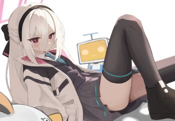 1girl absurdres black_bow black_hairband black_shoes black_thighhighs black_vest blue_archive blue_necktie blush bow bright_pupils closed_mouth collared_shirt commentary double-parted_bangs foot_out_of_frame from_side frown gluteal_fold grey_skirt hair_between_eyes hair_bow hairband half_updo halo highres jacket kei_(blue_archive) kei_(new_body)_(blue_archive) kei_(robot)_(blue_archive) knee_up long_hair long_hair_between_eyes looking_at_viewer lying miniskirt mochi_(jun2743) necktie on_back open_clothes open_jacket peroro_(blue_archive) pink_halo pleated_skirt rectangular_halo red_eyes ringed_eyes shirt shoes sidelighting simple_background skirt solo straight_hair sweatdrop thighhighs thighs v-shaped_eyebrows vest white_background white_hair white_jacket white_pupils white_shirt