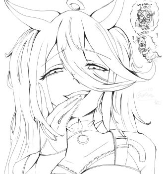 1girl ? ahoge animal_ears bare_shoulders biting biting_finger blood_on_gloves chibi chibi_inset collar collarbone fangs furrowed_brow gloves greyscale hair_between_eyes half-closed_eyes half_gloves hand_up highres horse_ears horse_girl horse_tail long_hair long_hair_between_eyes looking_at_viewer manhattan_cafe_(umamusume) monochrome parted_lips pleated_skirt sakumorupui sidelocks signature simple_background skirt smile solo spiked_collar spikes tail twintails umamusume white_background