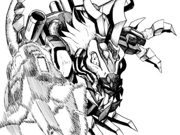 Rule 34 | claws, cyborg, digimon, digimon (creature), horns, metaltyranomon, metaltyranomon x-antibody, monochrome, sharp teeth, solo, teeth