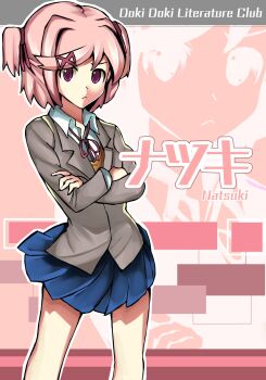 1girl box_art character_name commentary copyright_name doki_doki_literature_club english_commentary highres natsuki_(doki_doki_literature_club) nerunemuteto parody pink_background pink_eyes pink_hair school_uniform short_hair short_twintails style_parody twintails vocaloid