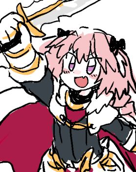 1boy armor astolfo_(fate) black_ribbon blush bow cape commentary_request fate/grand_order fate_(series) hair_between_eyes holding holding_sword holding_weapon long_hair looking_up open_mouth pink_hair purple_eyes red_cape ribbon sword trap vanila_ice_ice weapon