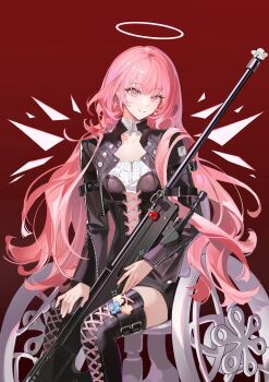 1girl ai_arctic_warfare apple arknights black_boots black_dress black_jacket bolt_action boots charm_(object) closed_mouth clothing_cutout detached_wings dress energy_wings flower flower_in_gun food food_charm footwear_flower fruit gun halo hannhi_1005 highres jacket lace-up_boots lemuen_(arknights) long_hair looking_at_viewer pink_eyes pink_hair red_background rifle simple_background sitting smile sniper_rifle solo tachi-e thigh_boots very_long_hair wavy_hair weapon wheelchair white_flower wings