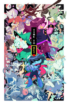 ant_tenna armlet armor armored_boots axe balthizard_(deltarune) berdly_(dark_world)_(deltarune) berdly_(deltarune) bibliox_(deltarune) bicycle black_boots black_jacket blue_hair blue_skin blush boots border bracelet breastplate c._round cape cloak closed_mouth clover_(deltarune) cocktail_glass colored_skin colored_teeth commentary covered_horns cup cuptain_(deltarune) deltarune drinking drinking_glass elnina_(deltarune) english_commentary evercelle everyone gauntlets gerson glasses green-framed_eyewear green_cloak green_eyes green_hat guei_(deltarune) hammer hat hathy_(deltarune) heart highres holding holding_sword holding_weapon jackenstein_(deltarune) jacket jevil jewelry jigsawry_(deltarune) king_(deltarune) kris_(dark_world)_(deltarune) kris_(deltarune) lancer_(deltarune) lanino_(deltarune) lmao maus_(deltarune) mizzle_(deltarune) noelle_holiday noelle_holiday_(dark_world) object_head open_mouth pants pink_cape pink_scarf pippins_(deltarune) ponman_(deltarune) poppup_(deltarune) purple_hair purple_pants queen_(deltarune) ralsei ramb_(deltarune) riding riding_bicycle roaring_knight robe rouxls_kaard rudinn_(deltarune) scarf seam_(deltarune) shadowguy_(deltarune) spamton_g._spamton sparkle spiked_armlet spiked_bracelet spikes spoilers susie_(dark_world)_(deltarune) susie_(deltarune) swatch_(deltarune) sword tasque_manager titan_(deltarune) toriel toriel_(dark_world) utdr_(toby_fox) virovirokun water_cooler weapon werewire white_border white_robe wicabel_(deltarune) winglade_(deltarune) wizard_hat yellow_teeth zapper_(deltarune)