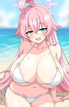 1girl ahoge alternate_breast_size_(larger) areola_slip arm_support beach bikini blue_archive blue_eyes blush breasts cleavage collarbone commentary_request fang hair_between_eyes halo heterochromia highres hoshino_(blue_archive) huge_ahoge huge_breasts long_hair looking_at_viewer navel o-ring ocean outdoors pink_halo side-tie_bikini_bottom sitting solo swimsuit torimoti3 very_long_hair white_bikini yellow_eyes
