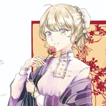 1girl alternate_costume alternate_hairstyle blonde_hair breasts clothing_request commentary flower flower_request frills hair_bun holding holding_flower long_sleeves maribel_hearn medium_hair multicolored_eyes poteimo_(poteimo622) purple_eyes purple_ribbon ribbon shirt smile solo touhou two-tone_eyes white_shirt yellow_eyes