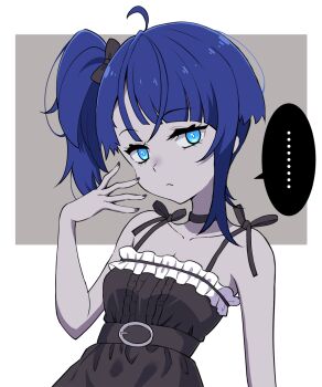 ... 1girl ahoge alternate_skin_color black_bow black_choker black_dress black_nails blue_eyes blue_hair bow choker closed_mouth colored_skin commentary cut_bangs dress frilled_dress frills frown grey_skin hair_bow half-closed_eyes highres hirogaru_sky!_precure kaatsu_katsurou looking_at_viewer medium_hair precure side_ponytail single_sidelock sleeveless sleeveless_dress solo sora_harewataru spaghetti_strap spoken_ellipsis upper_body