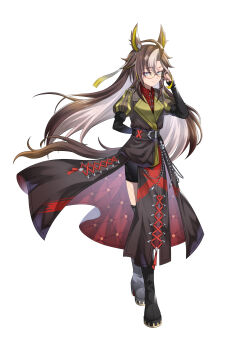 1girl absurdres ahoge animal_ears black_boots black_coat black_hair black_shorts blue_eyes boots brown_hair closed_mouth coat collared_shirt commentary_request dream_journey_(reminder_of_dreamland)_(umamusume) dream_journey_(umamusume) eyewear_strap fish fishnet_pantyhose fishnets full_body glasses gloves hair_between_eyes highres horse_ears horse_girl horse_tail lace lace_sleeves long_hair long_sleeves looking_at_viewer multicolored_hair pantyhose puffy_sleeves red_shirt shirt shorts simple_background smile solo tail tawashi_hechima umamusume white_background white_hair