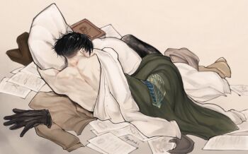 1boy black_gloves black_hair book cape gloves green_cape hashtag-only_commentary highres levi_(shingeki_no_kyojin) male_focus paper partially_undressed pikalinliang pillow shingeki_no_kyojin shirt short_hair simple_background solo survey_corps_(emblem) twitter_username unworn_gloves white_shirt