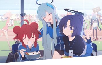 6+girls :d ahoge bag bandaid bento black_hair bloomers blue_archive blue_eyes blue_hair blue_halo blue_hat blue_jacket boots breasts brown_hair carrot chair chopsticks closed_eyes closed_mouth double_bun eating fire_hydrant folding_chair food fubuki_(blue_archive) hair_bun hair_ornament halo hat holding holding_bag holding_chopsticks holding_sign jacket japanese_text ketchup kirino_(blue_archive) lanyard long_hair looking_at_viewer maki_(blue_archive) mechanical_halo medium_breasts millennium_science_school_logo multicolored_shoes multiple_girls noa_(blue_archive) official_art omelet open_mouth orange_hair outdoors pink_eyes pink_hair ponytail red_hair red_halo red_shoes rice running serina_(blue_archive) serina_(nurse)_(blue_archive) shoes sign sitting smile sneakers standing star_(symbol) star_sticker sticker sticker_on_face straight_hair striped_clothes striped_jacket tagme track_and_field track_jacket track_suit twintails underwear walkie-talkie white_hair white_shoes yuuka_(blue_archive) yuuka_(track)_(blue_archive) zipper zipper_pull_tab