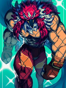 1boy abs absurdres bara bare_pectorals bird_mask boots fatal_fury fatal_fury:_city_of_the_wolves garou:_mark_of_the_wolves tizoc_(snk) highres large_pectorals luchador luchador_mask male_focus mask mixter_art muscular muscular_male pectorals red_mask simple_background snk solo spandex the_king_of_fighters thick_thighs thighs topless_male wrestler wrestling_mask wrestling_outfit