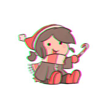 1girl artist_self-insert blush blush_stickers boots brown_hair brown_pants candy candy_cane chibi chibi_only chromatic_aberration commentary english_commentary food full_body gloves grey_jacket hat heavy_chromatic_aberration holding holding_candy holding_candy_cane holding_food jacket lowres open_mouth original pants ponytail red_boots red_gloves red_hat santa_hat scarf simple_background sitting smile solid_circle_eyes solo striped_clothes striped_scarf temmie_chang temmie_chang_(character) two-tone_scarf white_background