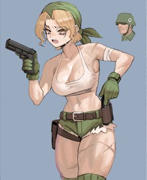 1boy 1girl absurdres blonde_hair blue_background breasts brown_eyes cleavage gloves green_gloves green_shorts gun handgun highres holding holding_gun holding_weapon kasamoto_eri large_breasts looking_at_viewer metal_slug micro_shorts navel open_mouth scar short_hair shorts simple_background soldat_(dndosld73832) sweat teeth upper_teeth_only weapon
