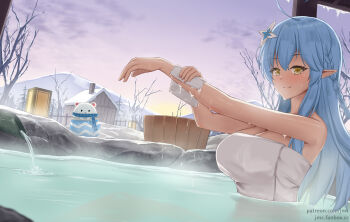 1girl ahoge bare_shoulders bath blue_hair blush breasts cleavage daifuku_(yukihana_lamy) heart heart_ahoge hololive jmc5221 large_breasts mountain naked_towel onsen partially_submerged pointy_ears snow solo_focus towel tree virtual_youtuber yellow_eyes yukihana_lamy