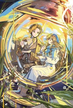 Rule 34 | 2girls, ^ ^, ascot, beret, blue hat, blue scarf, brown coat, brown hair, closed eyes, closed mouth, coat, commentary request, cup, dress, dutch angle, facing another, fork, full body, greta hofmann, grey jacket, hat, highres, holding, holding cup, holding fork, holding plate, jacket, korean commentary, lalang, lantern, looking at another, looking to the side, marcus (reverse:1999), mole, mole under eye, mole under mouth, multiple girls, open mouth, plant, plate, profile, reverse:1999, sachertorte (food), scarf, shirt, smile, white ascot, white dress, white shirt, yellow background, yellow eyes