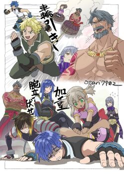 4boys 4girls adray_lasbard albel_nox beard black_pantyhose black_thighhighs blue_hair clair_lasbard cliff_fittir facial_hair fayt_leingod fingerless_gloves gloves indesign long_hair maria_traydor multiple_boys multiple_girls nel_zelpher open_mouth pantyhose scarf skirt smile sophia_esteed peppita_rossetti star_ocean star_ocean:_till_the_end_of_time striped_clothes striped_scarf thighhighs