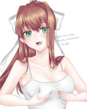 1girl bad_link brown_hair doki_doki_literature_club green_eyes highres image_sample mi_tarou0412 monika_(doki_doki_literature_club) twitter_sample